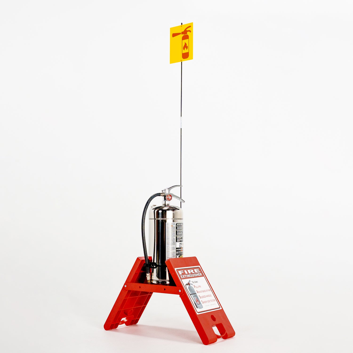 Fire extinguisher stand with safety flag
